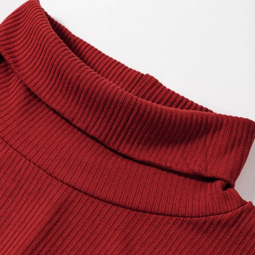 CLEARANCE 1 LEFT!! Racing Red Ribbed Knit Long Sleeve High Neck Mini Dress - Picture 10 of 13